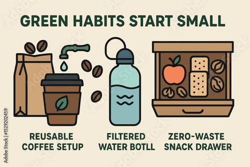 Sustainable Lifestyle Essentials. Green habits start small — Vector illustration of reusable coffee setup, filtered tap bottle,