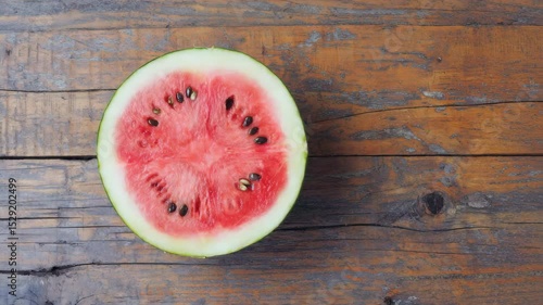 Wallpaper Mural Close-Up of Large Juicy Watermelon Cut in Half with Bright Red Flesh and Black Seeds on Rustic Wooden Table Torontodigital.ca