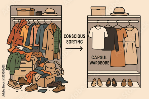 Closet Transformation. Vector illustration of a cluttered closet transforming into a simplified capsule wardrobe via conscious