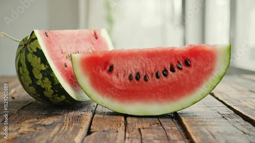 Wallpaper Mural Close-Up of Large Juicy Watermelon Cut in Half with Bright Red Flesh and Black Seeds on Rustic Wooden Table Torontodigital.ca