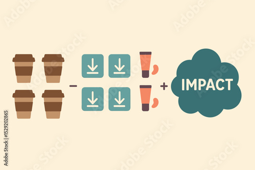 Cumulative Micro Purchases. Vector illustration of tiny purchases adding up: coffee cup icons, app downloads, makeup samples, with