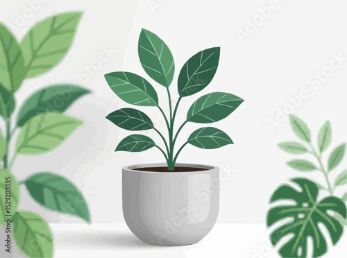 Potted Plant and Leaf Border Illustration