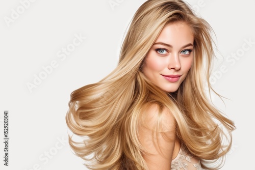 Charming blonde woman turning slightly with voluminous hair on grey background.