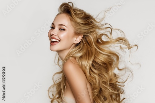 Laughing blonde woman with voluminous curly hair in motion on light grey background.