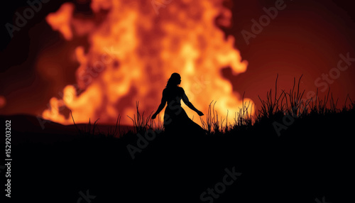 Enchanting silhouette by midsummer bonfire at twilight, celebration