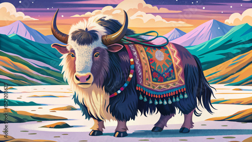 yak walking across a snowy Tibetan plateau perfect for high-altitude wildlife scenes, Himalayan landscapes, and cultural nature visuals