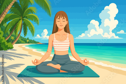 A peaceful tropical beach scene featuring a young woman meditating on a yoga mat. She is sitting in a cross-legged position (lotus pose) with her hands resting on her knees, forming a Gyan mudra