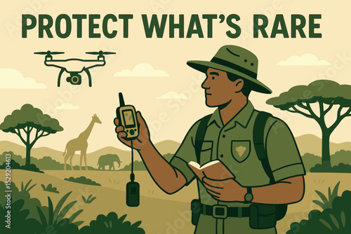 Wildlife Ranger Patrol. Protect what’s rare — Vector illustration of wildlife ranger patrolling protected area with GPS tracker,