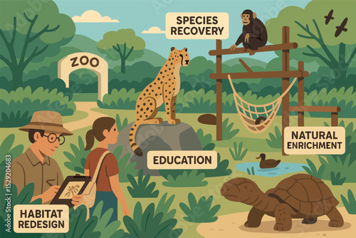 Zoo Habitat Redesign. Vector illustration of zoo habitat redesign focusing on species recovery, education, and natural enrichment