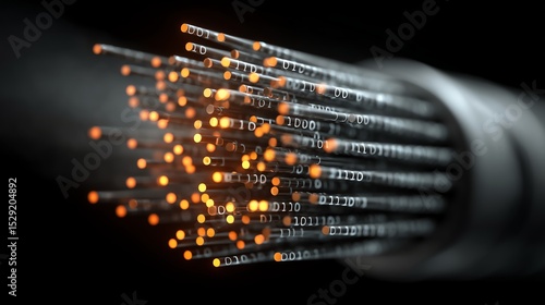 3D Illustration of Optical Fiber Cable with Glowing Binary Code on Dark Background for Tech Concepts
