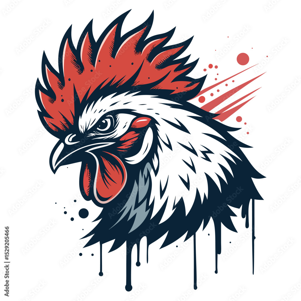 Obraz premium Design a vibrant chicken logo; spiky feathers, paint drip effect, aggressive yet playful. Include a strong color palette.