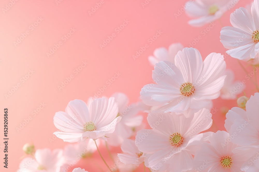 Soft Pink Background With Delicate White Cosmos Flowers Soft Pink Background With Delicate White Cosmos Flowers