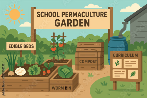 School Permaculture Garden. Vector illustration of school permaculture garden with edible beds, compost, worm bin, rain barrel,