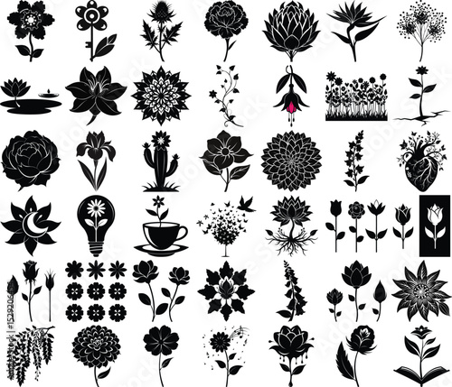 Diverse Black and White Floral Silhouette Collection Flowers, Plants, and Themed Designs for Creative Projects