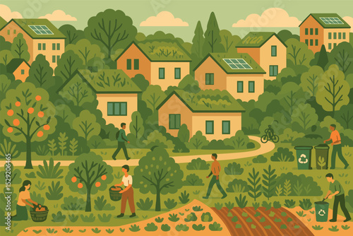 Eco-Friendly Neighborhood Design. Vector illustration of neighborhood-wide regenerative redesign showing green roofs, food forest,