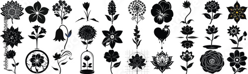 Diverse Collection of Black and White Flower Silhouettes Botanical Designs, Florals, and Garden Elements