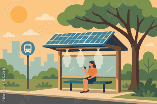 Eco-Friendly Transit Stop. Vector illustration of heat-resilient public transit stop with solar panel roof, misting system, and