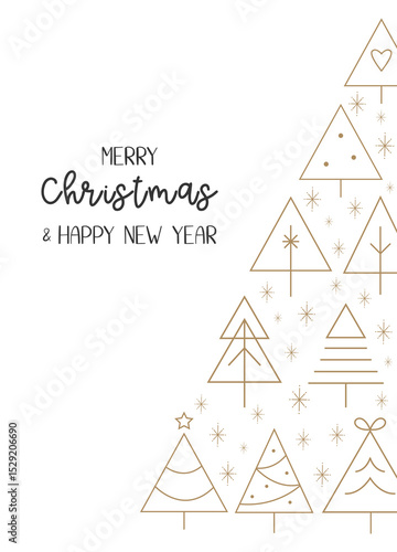 Minimalist Golden Christmas Tree Card. Modern Line Art Holiday Greeting