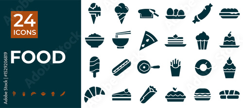 Set of 24 food icons in modern flat style on white background  
