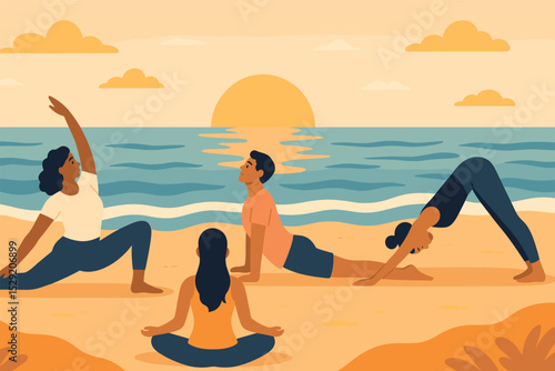 Beach Yoga Sunrise. Vector illustration of beach yoga session with instructor, calm waves, sunrise, and participants in flow poses