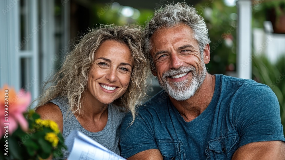 Obraz premium A cheerful couple smiling together, surrounded by flowers, reflecting love, happiness, and companionship, capturing the essence of shared moments in life.
