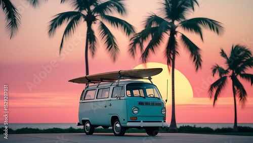 Retro Van, Sunset, Tropical Beach