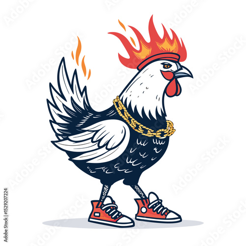 A stylized illustration of a chicken wearing a flaming crown and a chunky streetwear chain, isolated on a white background.