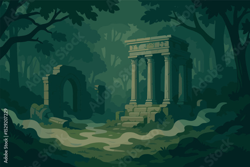 Mystical Forest Ruins. Vector illustration of mystical fog creeping along a mossy forest floor, revealing ancient ruins beneath