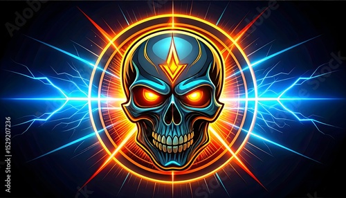 Glowing blue skull with energy burst high resolution photo