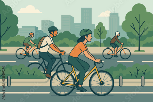 Bike-Friendly Urban Design. Vector illustration of bike-friendly urban planning with protected lanes, cyclists in motion, and