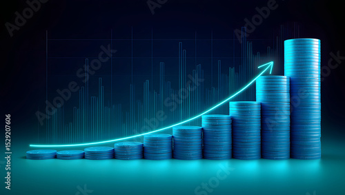 Growing stacks of coins with upward trend graph
