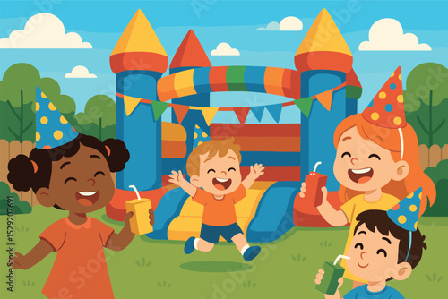 Backyard Birthday Bash. Vector illustration of kids’ birthday party in the backyard with bouncy castle, party hats, and juice