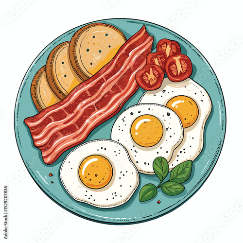 Design a vintage-style poster advertising a classic American breakfast featuring sunny-side-up eggs, bacon, pancakes, and coffee.  Include retro fonts and colors.