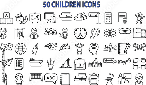 50 children s line icons bundle education play and activities isolated on white background