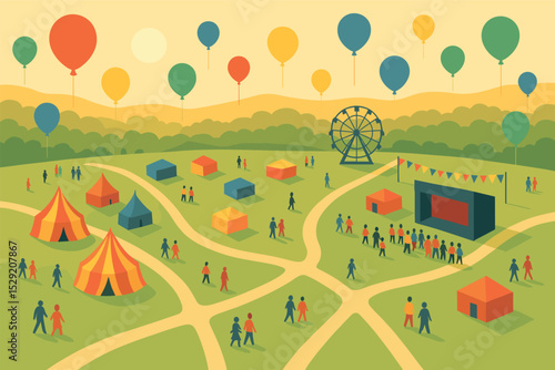 Festival Drone View. Vector illustration of early morning drone view over festival grounds with colorful balloons and foot traffic