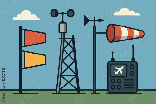Weather Station Equipment. Vector illustration of weather monitoring station with flag signals, wind meters, and pilot radio gear