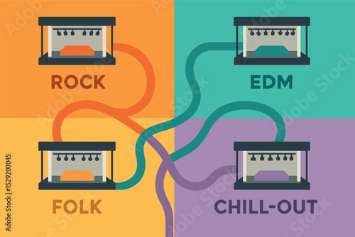Colorful Music Genre Map. Vector illustration of music genre zones: rock, EDM, folk, and chill-out with color-coded stages and