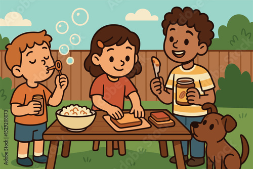 Bubble-Blowing Fun. Vector illustration of child blowing bubbles while others prepare snacks and dog watches curiously