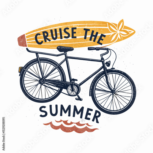 A vintage bicycle, equipped with a surfboard rack, parked against a sunny, coastal backdrop suggesting a relaxed cruise.