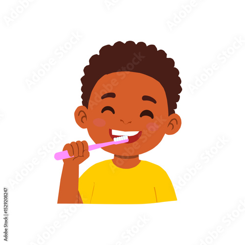 Vector illustration of a cute African American boy brushing his teeth.