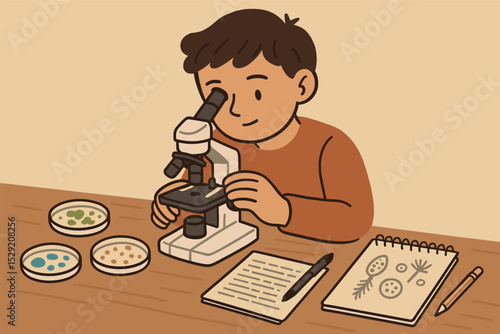 Student Microscope Exploration. Vector illustration of student using microscope surrounded by petri dishes, notes, and sketchpad