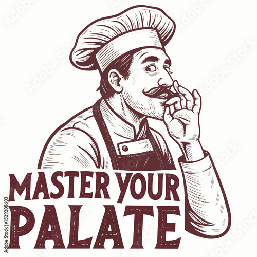 A jovial classic French chef, white toque and apron, dramatically kisses his fingertips, showcasing culinary expertise.