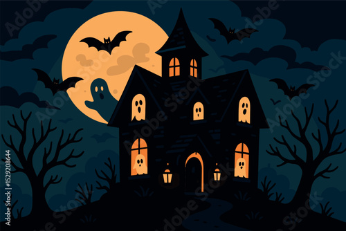 Haunted House Adventure. Spooky fun — Vector illustration of haunted house with bats, ghosts in windows, and flickering lanterns