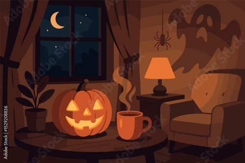 Cozy Halloween Indoors. Vector illustration of cozy Halloween night indoors with carved pumpkin on table, warm drink, and spooky