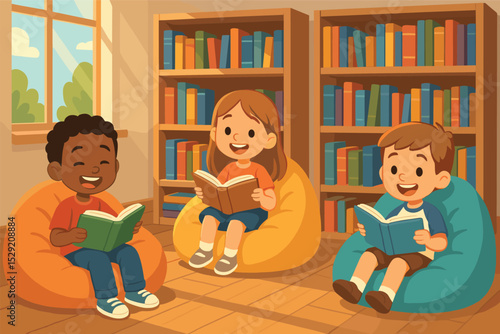 Cozy Reading Nook. Vector illustration of reading corner with beanbags, bookshelves, sunlight, and happy children with books