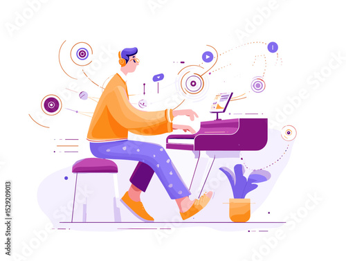 Digital Melodies: A young individual, immersed in music, plays the piano in a contemporary, vector-style illustration.