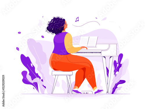 Musical Muse: A vibrant, contemporary illustration capturing a person completely engrossed in playing a grand piano, infusing the air with joyful music and creative expression.