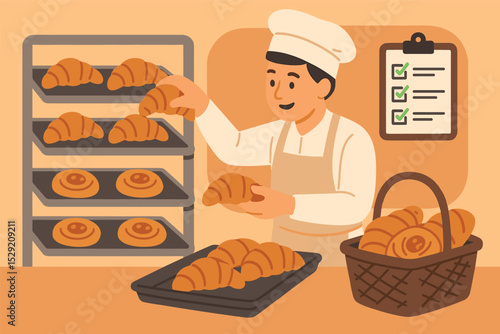 Baker's Pastry Preparation. Vector illustration of baker placing pastries onto trays for delivery with checklist and basket