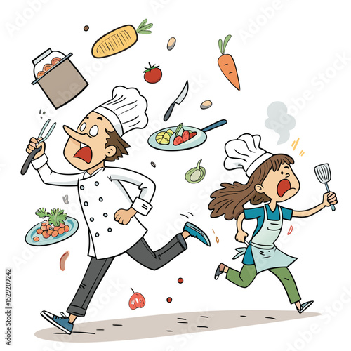 Hilarious poster depicting a chaotic student cooking competition, flour explosions, overturned pans, and stressed-out culinary students amidst kitchen mayhem.