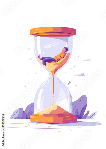 Time's Embrace: A person relaxed in an hourglass, representing the passage of time, illustrating concepts like leisure, slowing down, and enjoying moments.